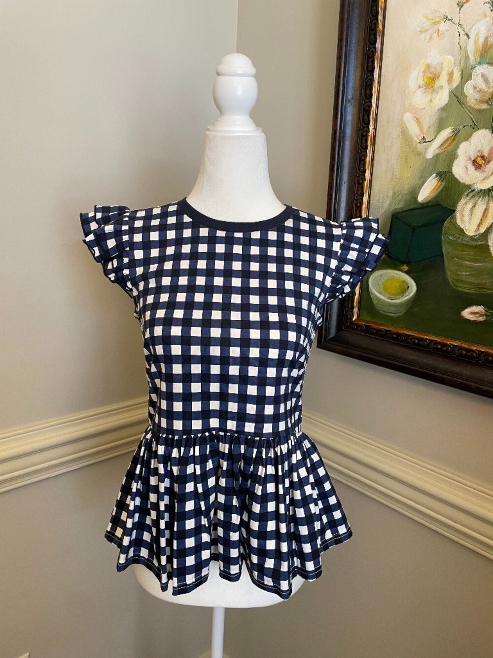 Kate Spade Navy and White Plaid Flutter Sleeve Peplum Top Size XS NWOT